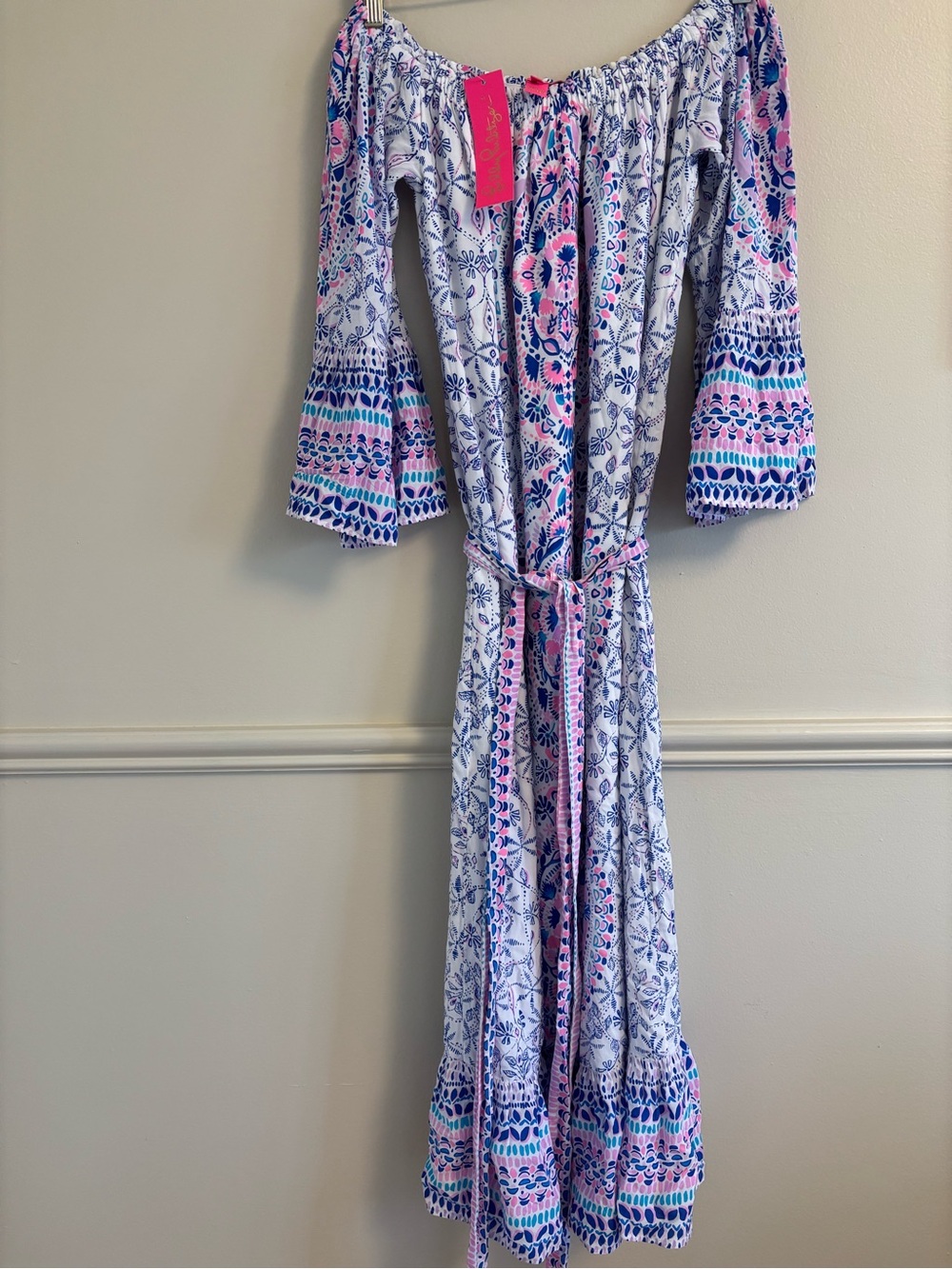 NWT Lilly Pulitzer Off-Shoulder Dress in White, Blue & Pink